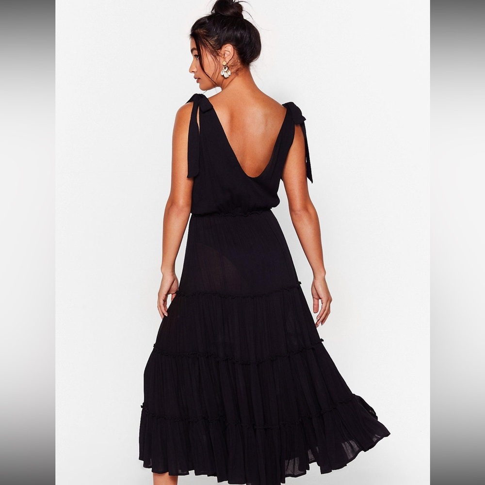 NASTYGAL Cut Ties Cover Up Maxi Dress Black Linen Dress Tiered Ruffle Size 6 - Picture 3 of 7